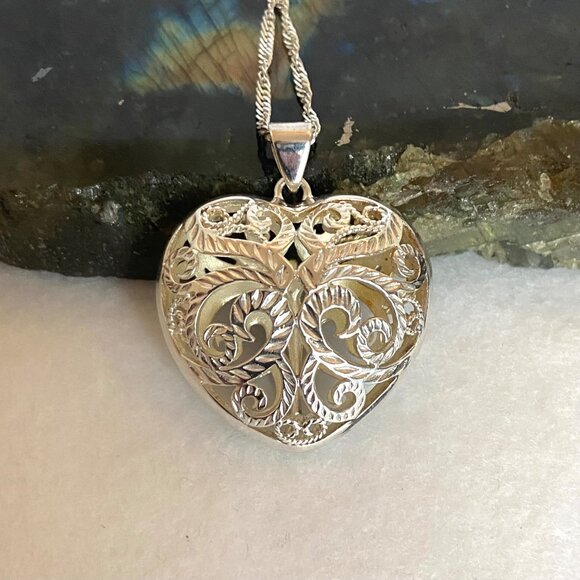 Steven Lavaggi Sterling Silver 925 Filigree Puffy Heart Angel Pendant Necklace - Picture 7 of 16